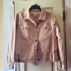 Peace Love World Khaki Denim Fringe Braided Trim Jacket